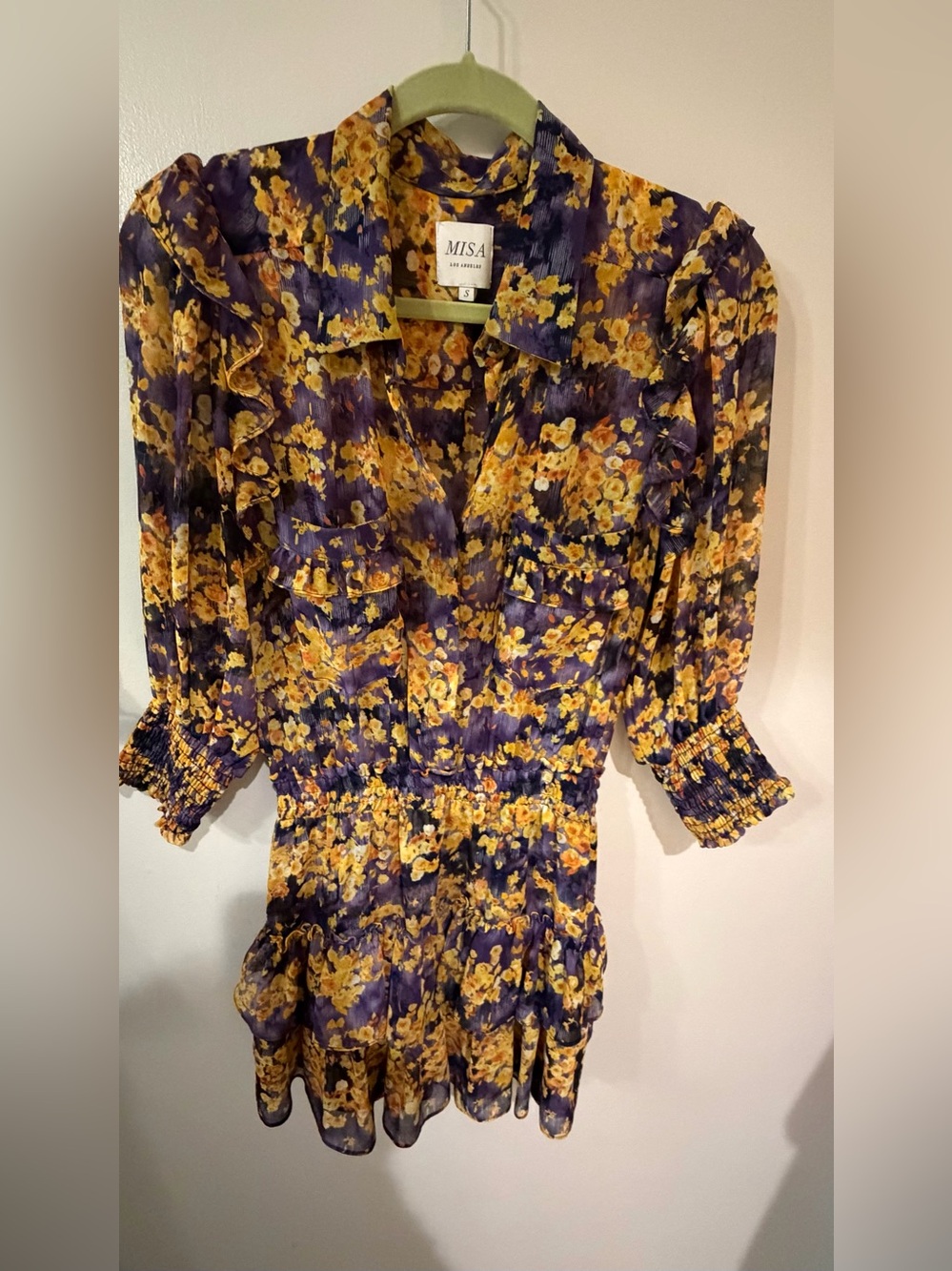 MISA Los Angeles Yellow & Purple Floral Ruffle Dress